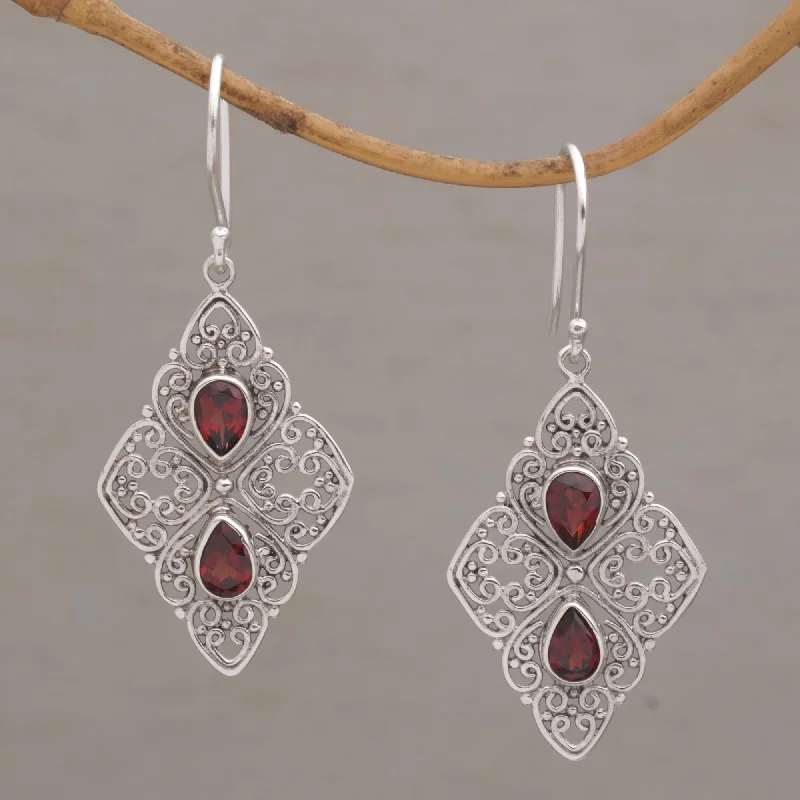 Upgrade Your Jewelry Collection For Less Besakih Beauty Ornate Dangle Earrings with Garnets and Sterling Silver Upgrade Your Jewelry Collection For Less Besakih Beauty Ornate Dangle Earrings with Garnets and Sterling Silver