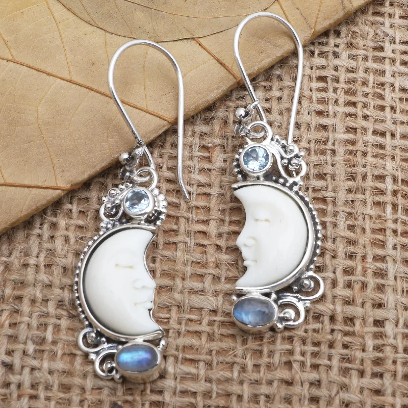 Delicate Crystal Jewelry For Sophisticated Charm Blue Light Hand Crafted Blue Topaz and Rainbow Moonstone Earrings