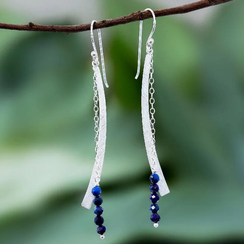 Shop Stylish Jewelry Now And Save Big Bright Curve Modern Lapis Lazuli Beaded Dangle Earrings from Thailand Shop Stylish Jewelry Now And Save Big Bright Curve Modern Lapis Lazuli Beaded Dangle Earrings from Thailand