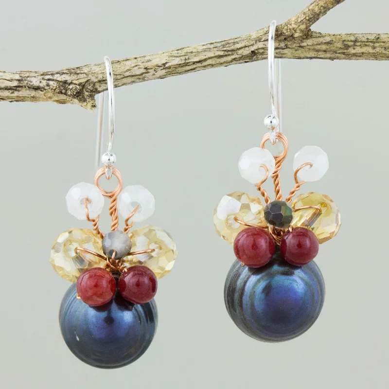 Timeless Elegance At Unbelievable Discounts Butterfly Party in Black Quartz Pearl & Silver Dangle Earrings