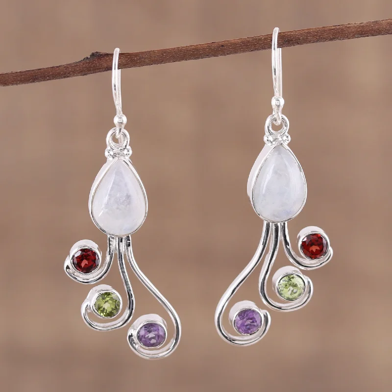 Make Your Outfit Shine With Discounted Jewelry Colorful Shower Multi-Gemstone and Silver Dangle Earrings from India