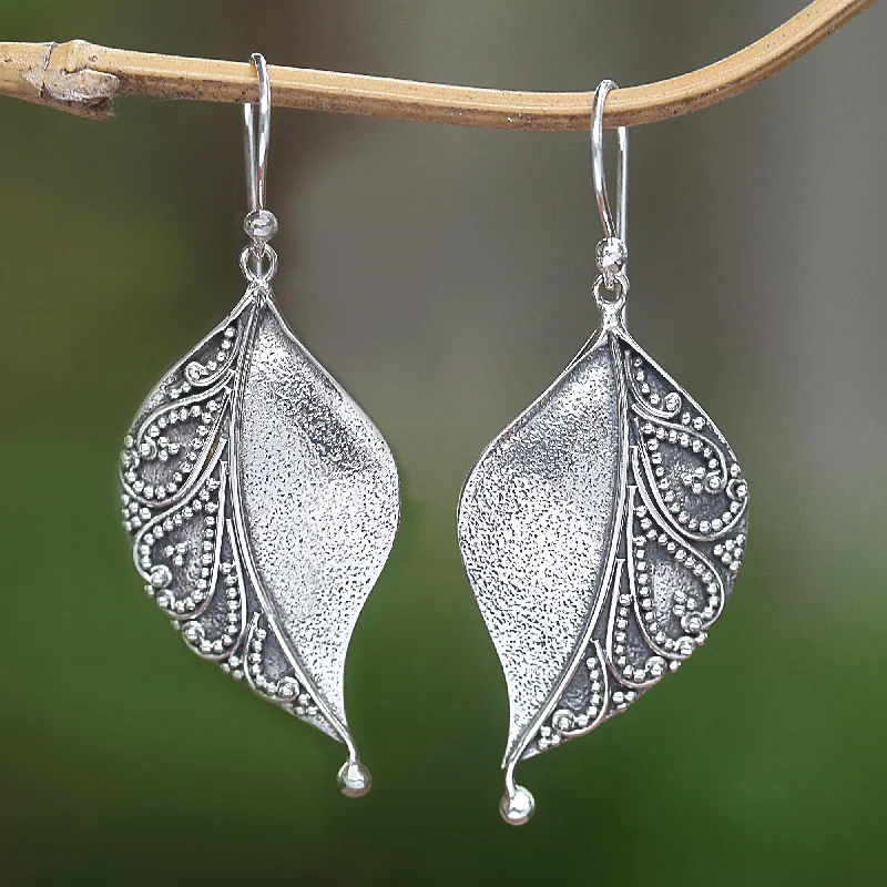 Handmade Pearl Jewelry For Timeless Elegance Complex Nature Sterling Silver Stylized Leaf Dangle Earrings