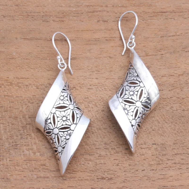Fashion-Forward Geometric Jewelry For Contemporary Style Curved Bliss Curved Floral Sterling Silver Dangle Earrings from Bali Fashion-Forward Geometric Jewelry For Contemporary Style Curved Bliss Curved Floral Sterling Silver Dangle Earrings from Bali