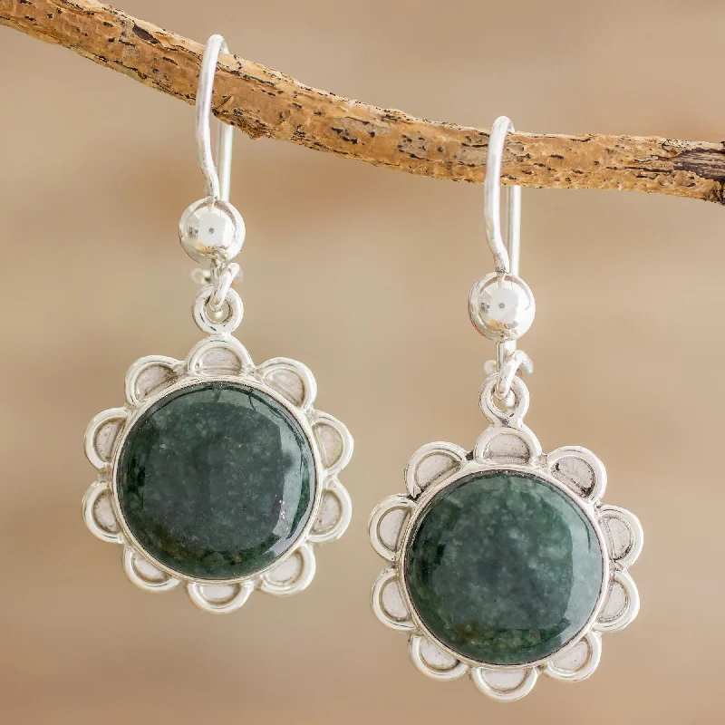 Stunning Statement Jewelry, Unbeatable Discounts Dark Green Solar Flower Dark Green Jade Dangle Earrings from Guatemala