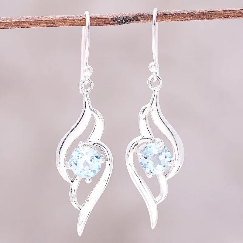 Luxury Handcrafted Jewelry For Elegant Looks Dazzling Gleam Wave Motif Blue Topaz Dangle Earrings from India