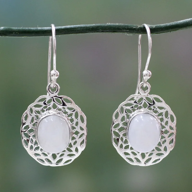 Last Chance To Grab Your Favorite Jewelry At A Discount Delhi Dewdrop Handcrafted Rainbow Moonstone Earrings with Silver Halos