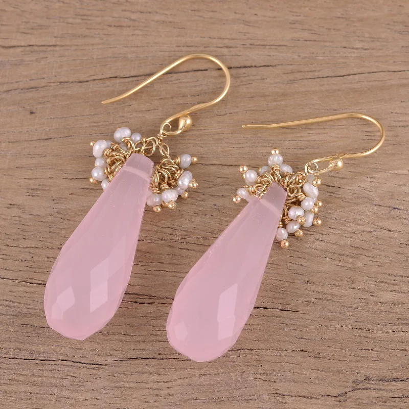 Exclusive Online Jewelry Sale – Don't Wait Devoted Rose Handmade 22k Gold Plated Rose Quartz Cultured Pearl Earrings