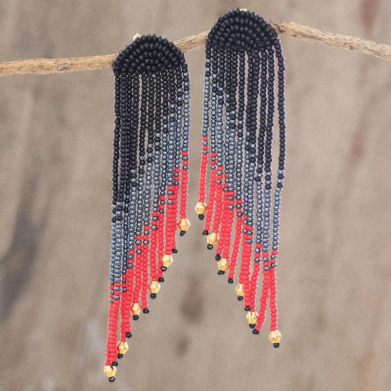 Elegant Rose Gold Jewelry For A Stylish Touch Dramatic Cascade Long Beaded Waterfall Earrings in Black, Grey and Red Elegant Rose Gold Jewelry For A Stylish Touch Dramatic Cascade Long Beaded Waterfall Earrings in Black, Grey and Red