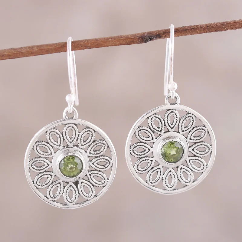 Affordable Luxury Jewelry For Every Occasion Elegant Daisy Peridot and Sterling Silver Flower Circle Dangle Earrings