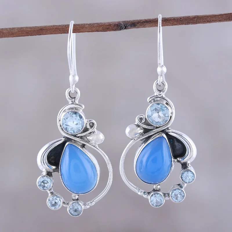 Special Deals On Handcrafted And Designer Jewelry Elegant Dew Blue Topaz and Chalcedony Dangle Earrings from India