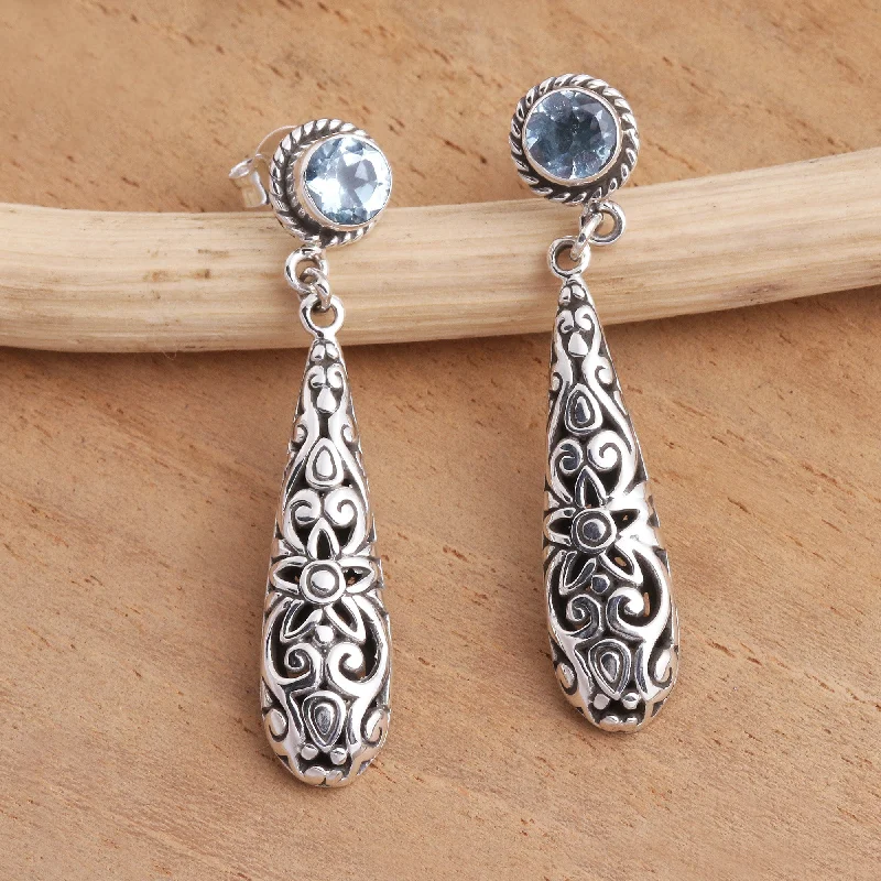 Handcrafted Beauty At Affordable Prices Flower Pendulum Balinese Blue Topaz and Sterling Silver Earrings