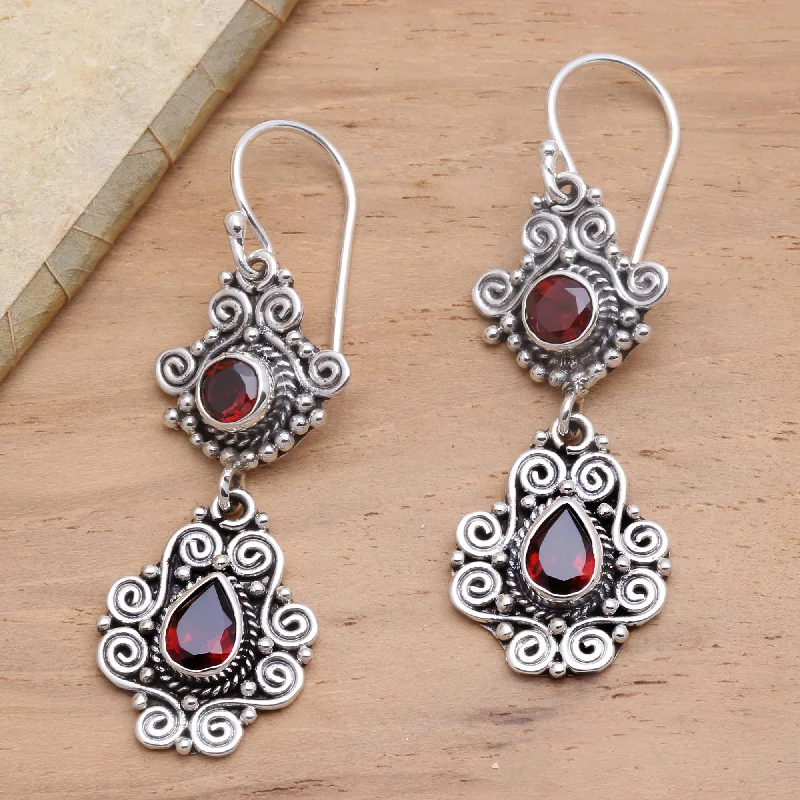 Trendy Minimalist Jewelry For Everyday Wear Garden Charm Sterling Silver and Garnet Dangle Earrings