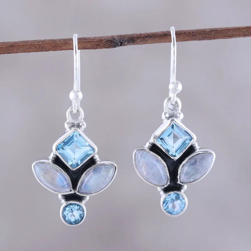 Bold And Beautiful Jewelry Now At Irresistible Prices Glitzy Blue Blue Topaz and Rainbow Moonstone Dangle Earrings from India