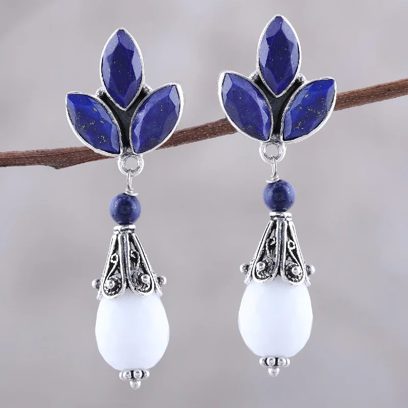 Exclusive Jewelry Sale Event – Shop Now Glowing White Agate and Lapis Lazuli Dangle Earrings from India