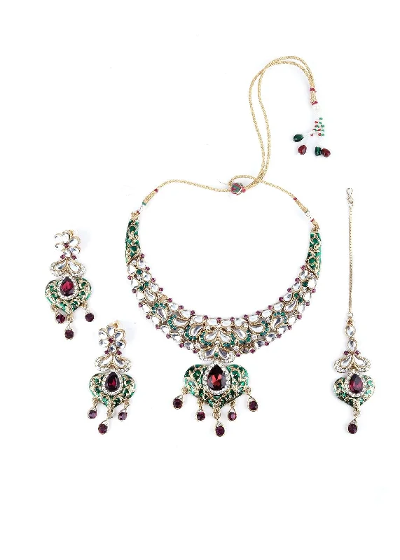 Celebrate Every Occasion With Sparkling Savings Odette Women Green And Purple Heart Kundan Choker Set