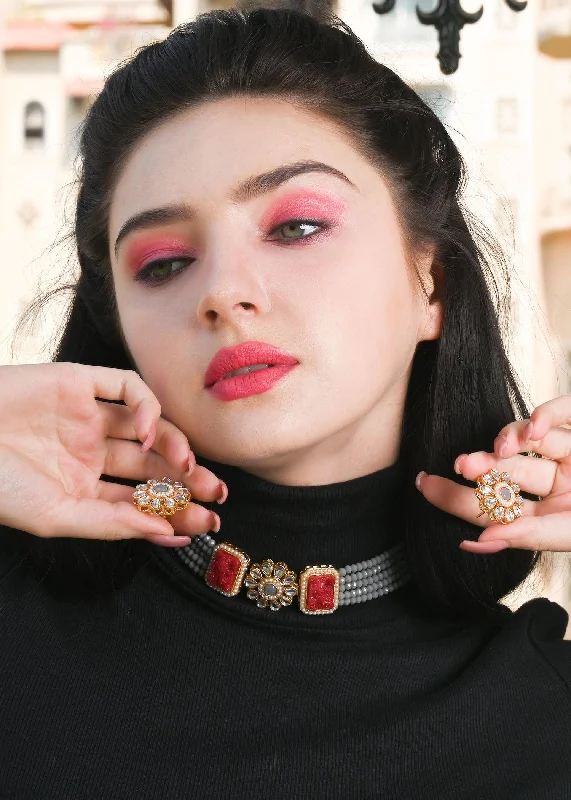 Accessorize For Less – Luxury Jewelry At Affordable Prices Odette Women Grey Red Trendy Kundan Choker Set