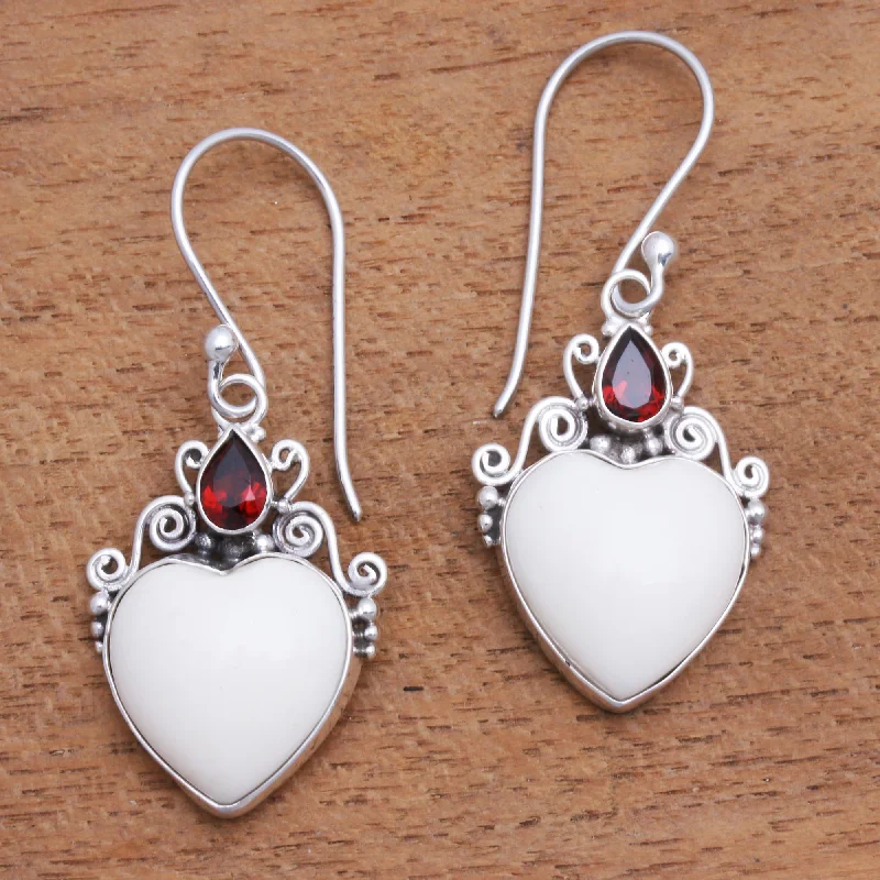 Special Deals On Handcrafted And Designer Jewelry Heart Passion Heart-Shaped Garnet and Bone Dangle Earrings from Bali