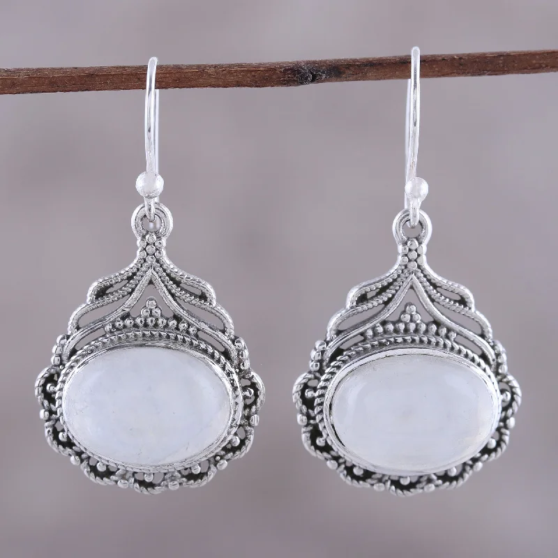 High-End Jewelry, Now More Affordable Than Ever Jeweled Glory Natural Oval Rainbow Moonstone Dangle Earrings from India