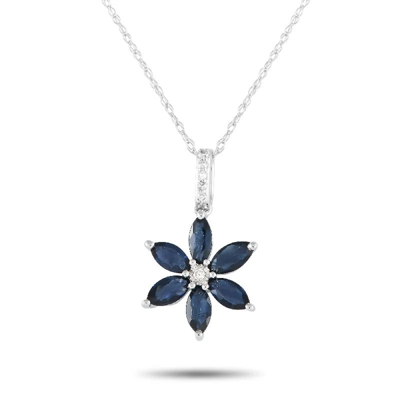 LB Exclusive 14K White Gold 0.01 ct Diamond and Sapphire Flower Necklace PD4-16241WSA