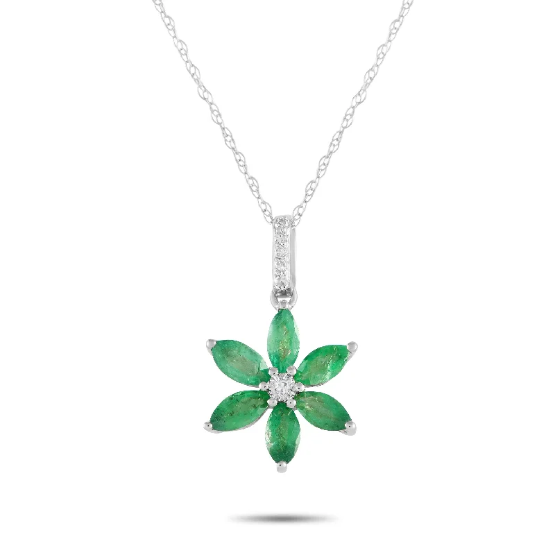 LB Exclusive 14K White Gold 0.01ct Diamond and Emerald Flower Necklace PD4-16241WEM