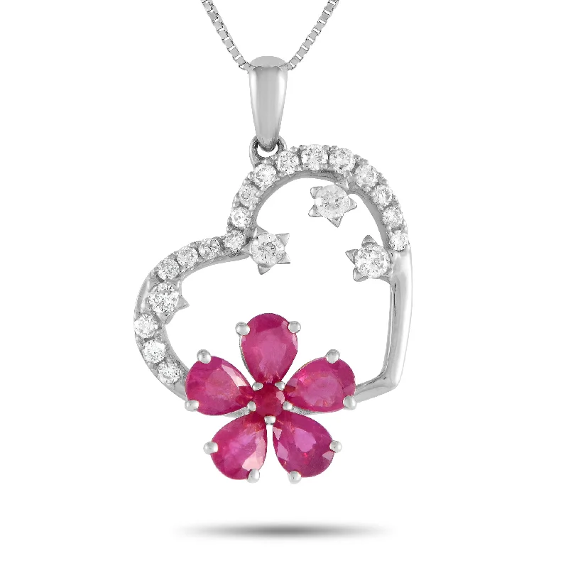 LB Exclusive 14K White Gold 0.20ct Diamond and Ruby Heart and Flower Pendant Necklace PH4-10098WRU