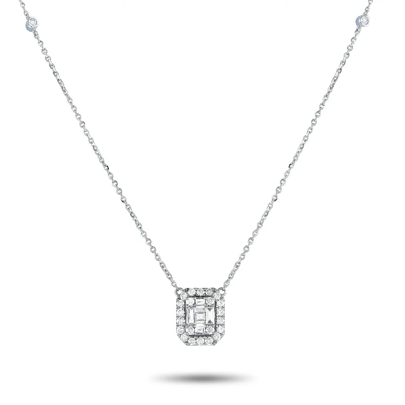 LB Exclusive 14K White Gold 0.85ct Diamond Cushion Halo Necklace PN15273