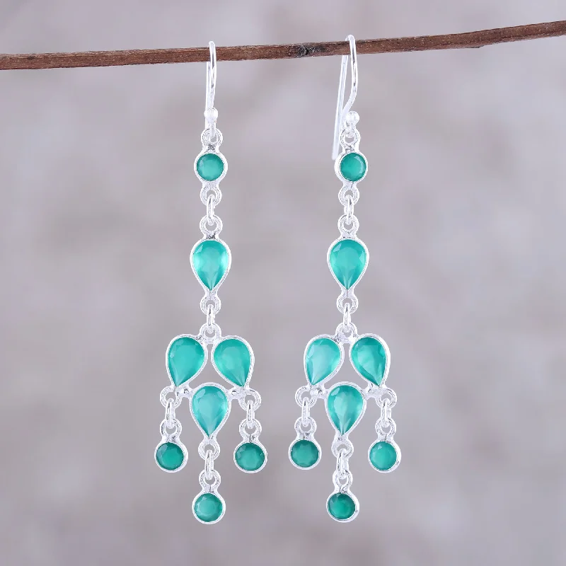Grab Your Dream Jewelry At The Lowest Prices Leafy Adornment Sterling Silver and Green Onyx Chandelier Earrings