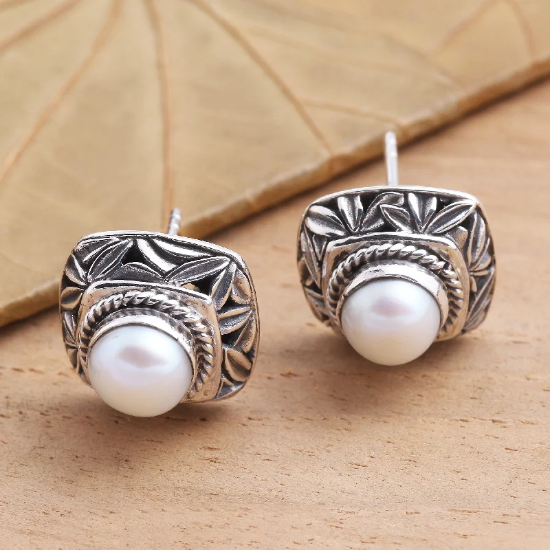 Buy More, Save More On Stunning Jewelry Pieces Leaves of Bamboo in White Cultured Pearl and Sterling Silver Button Earrings