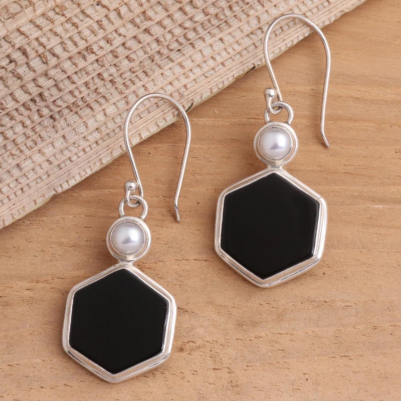 Luxury Jewelry Without The Luxury Price Tag Light and Dark Hexagons Onyx and Cultured Pearl Hexagonal Dangle Earrings from Bali Luxury Jewelry Without The Luxury Price Tag Light and Dark Hexagons Onyx and Cultured Pearl Hexagonal Dangle Earrings from Bali