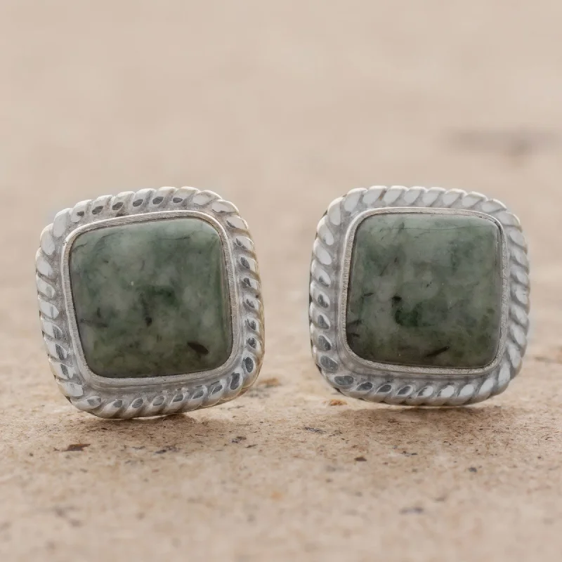 High-Quality Gemstone Jewelry For Special Occasions Love Lassos in Green Jade and Sterling Silver Rope Motif Earrings from Guatemala