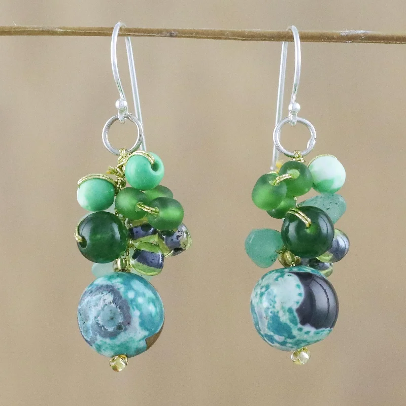 Exclusive Gemstone Jewelry At Special Prices Lovely Blend in Green Green Quartz and Glass Bead Dangle Earrings from Thailand