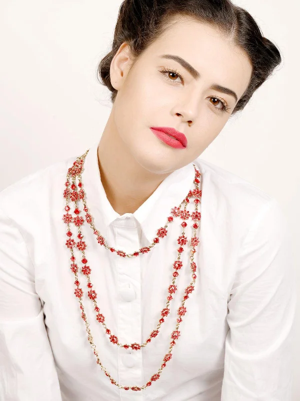 High-Quality Gemstone Jewelry For Special Occasions Odette Women Luscious Red Floral Multilayer Neckpiece