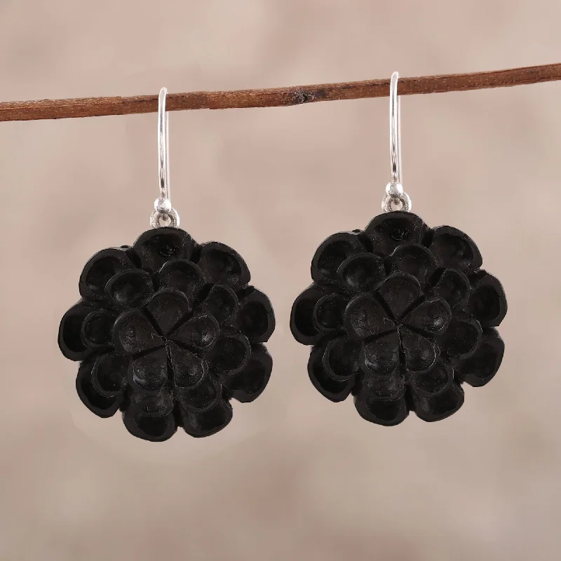 Personalized Engraved Jewelry For Meaningful Gifts Marigold Shadow Hand-Carved Ebony Wood Marigold Dangle Earrings from India