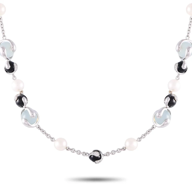 Marina B. 18K White Gold 4.5 ct Diamond, Onyx, Pearl and Aqua Necklace MB06-080824