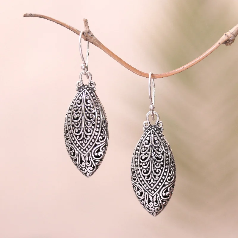 Shop Stylish Jewelry Now And Save Big Marquise Antiquity Swirl Pattern Sterling Silver Dangle Earrings from Bali