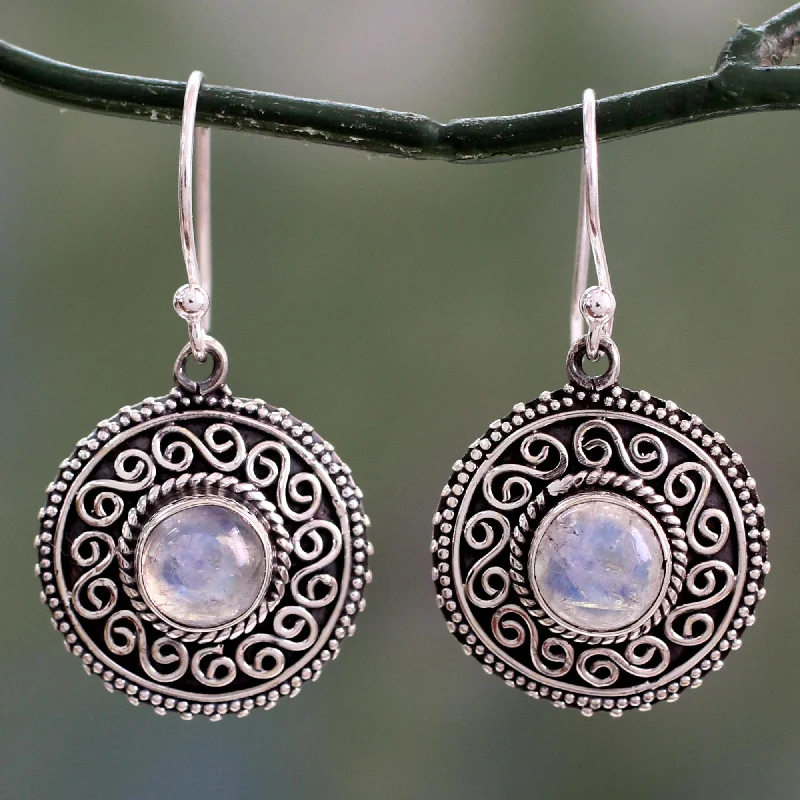 Delicate Crystal Jewelry For Sophisticated Charm Moonlight Mandala Rainbow Moonstone Earrings with Oxidized Silver Accents