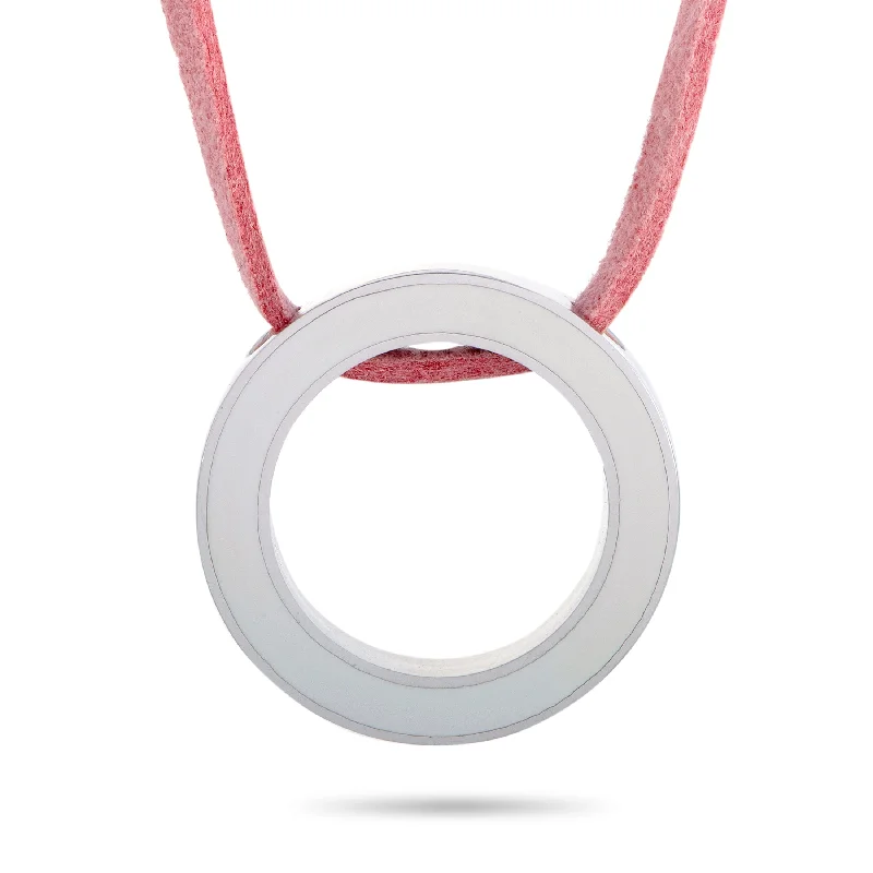 Movado Breast Cancer Awareness Sterling Silver and Enamel Circle Pink Leather Cord Necklace