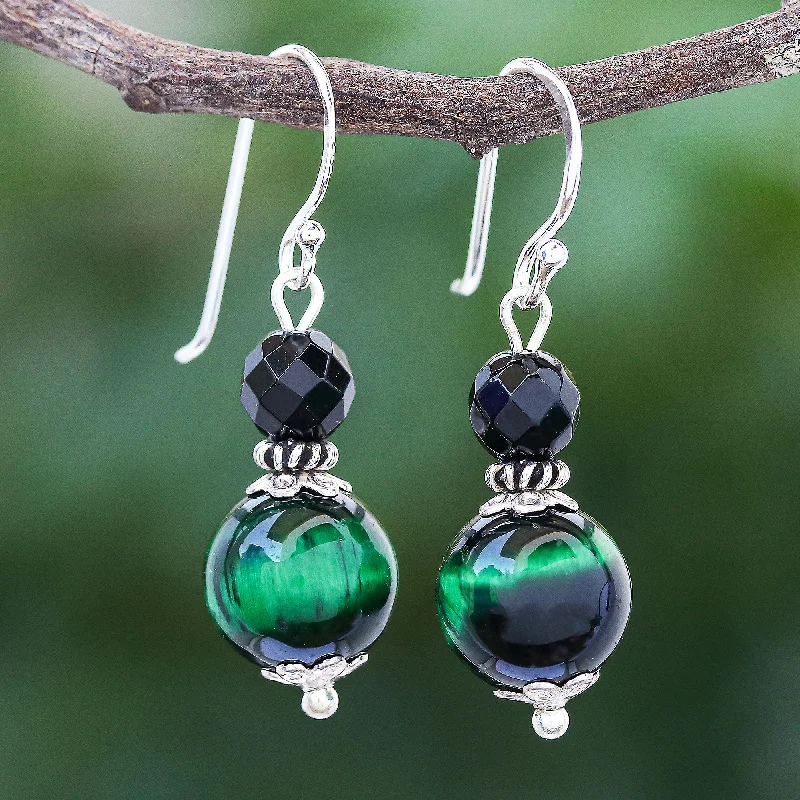 Premium Jewelry At Special Low Prices For A Limited Time Mystic Green Hand Crafted Tiger's Eye and Onyx Dangle Earrings