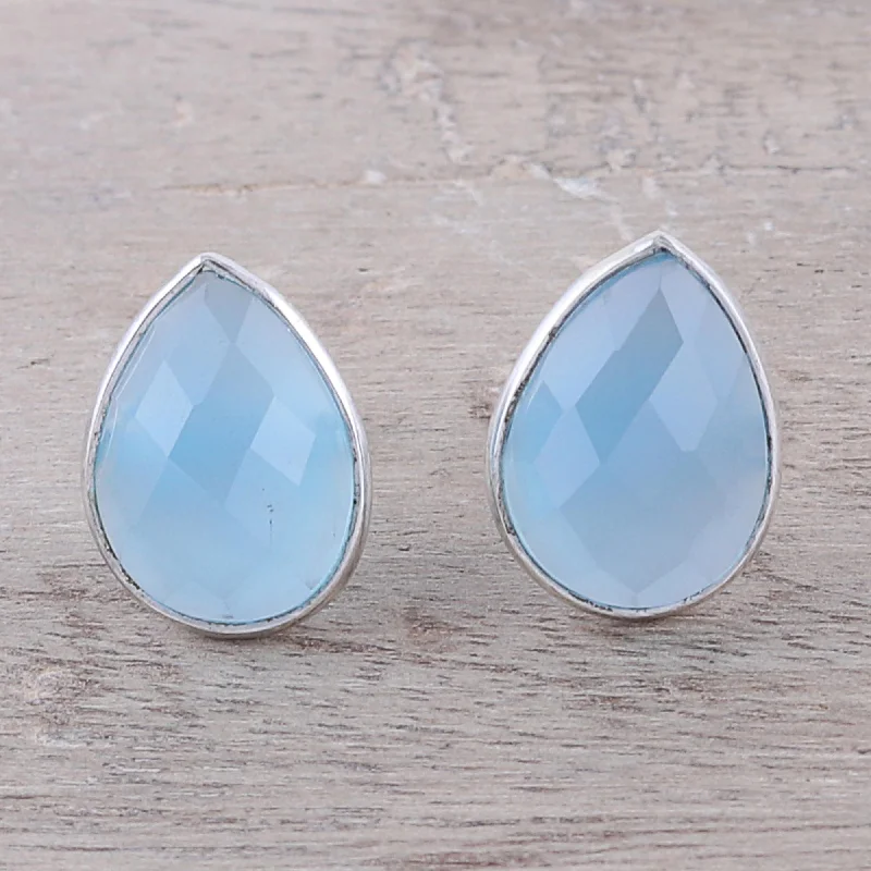 Dainty Floral Jewelry For Feminine Elegance Mystic Tears Teardrop Chalcedony Button Earrings from India