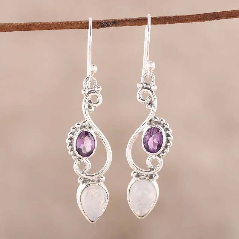 Exclusive Jewelry Markdowns – Limited-Time Offer Mystical Swirl Swirl Motif Rainbow Moonstone and Amethyst Dangle Earrings