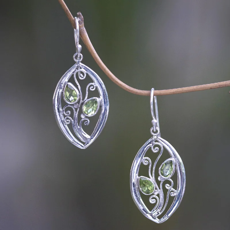 Luxury Handcrafted Jewelry For Elegant Looks Paradise Leaves Artisan Crafted Sterling Silver Leaf Earrings with Peridot