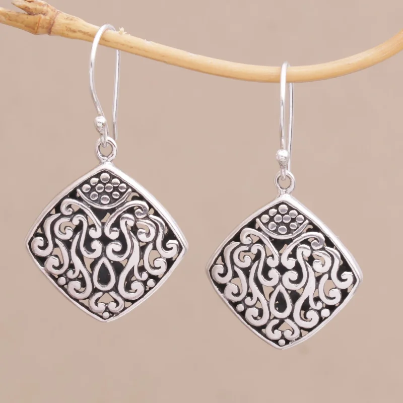 Shop Dazzling Jewelry With Special Promotional Discounts Paradise Window Sterling Silver Diamond-Shaped Scroll Work Dangle Earrings