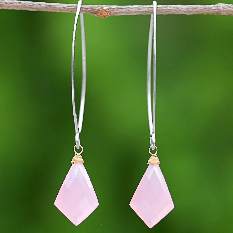Affordable Elegance – Special Jewelry Sale Now Live Pink Lily Crystals Long Pink Gold Accent Chalcedony Dangle Earrings Thailand