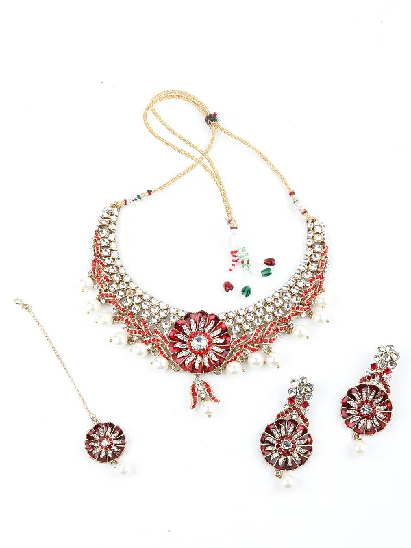 Limited-Time Jewelry Discounts – Shine Without The Splurge Odette Women Red And White Floral Kundan Choker Necklace Set