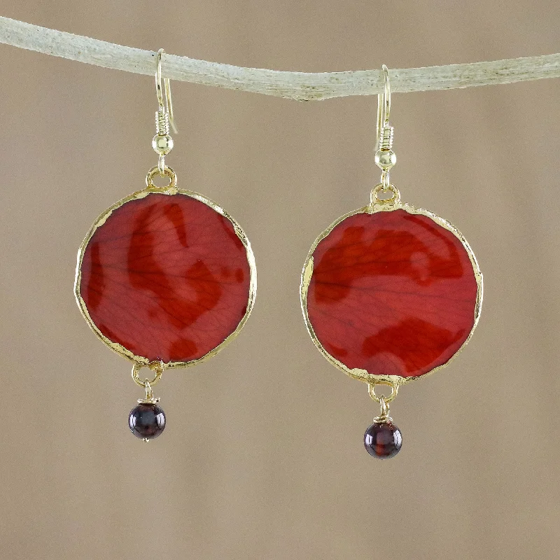 Stunning Jewelry At Even More Stunning Prices Red Rose of Autumn Garnet and Gold Plated Natural Rose Petal Dangle Earrings