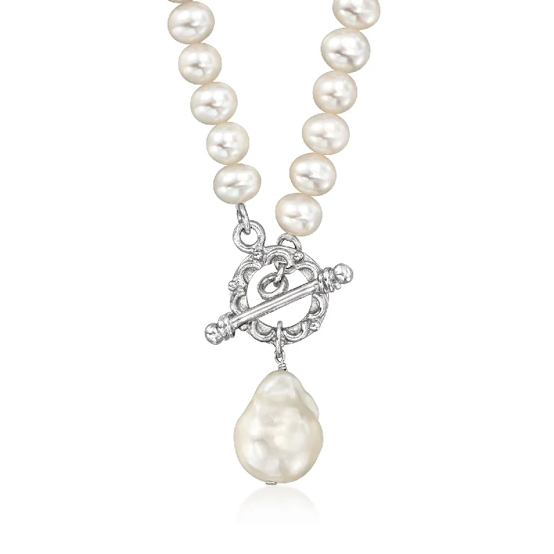 Ross-Simons 6-6.5mm and 11-12mm Cultured and Cultured Baroque Pearl Toggle Necklace With Sterling Silver