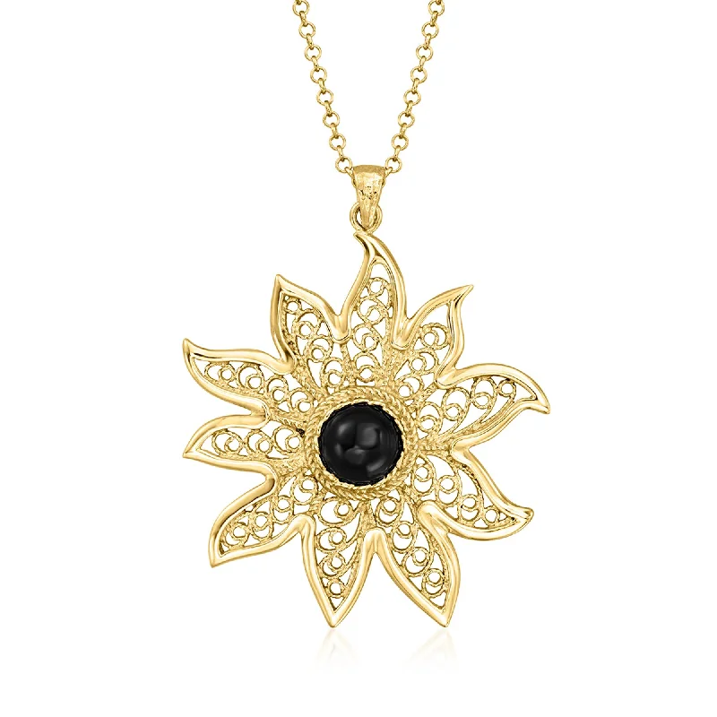 Save On Luxury Jewelry Pieces – Limited-Time Offers Ross-Simons Onyx Filigree Flower Pendant Necklace in 18kt Gold Over Sterling