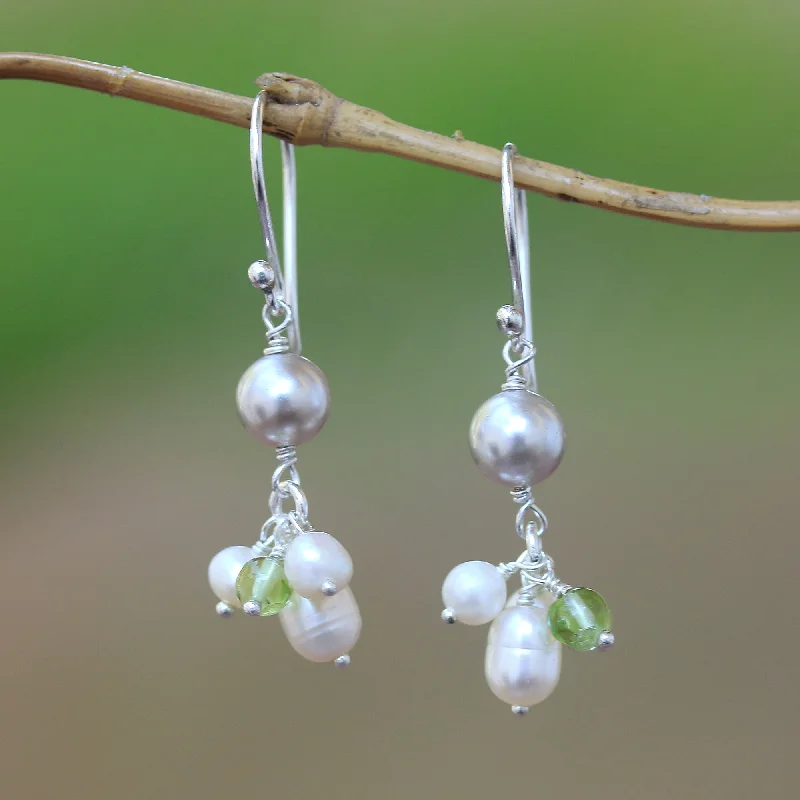 Breathtaking Jewelry, Breathtaking Prices Snow Drops Cultured Pearl and Peridot Cluster Dangle Earrings from Bali