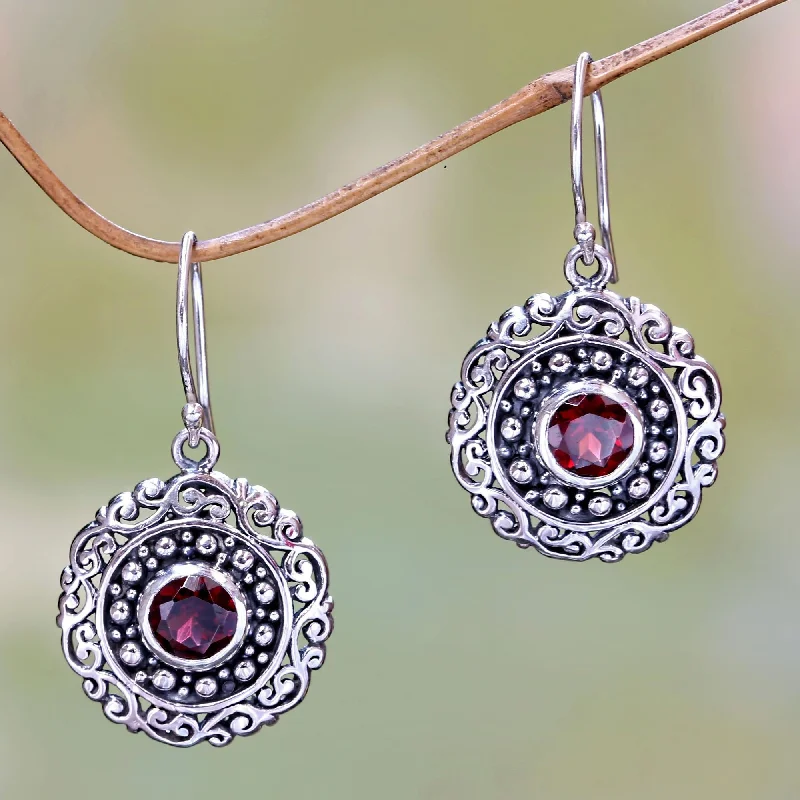 Shop High-Quality Jewelry At Jaw-Dropping Discounts Solar Flares Round Sterling Silver and Garnet Dangle Earrings