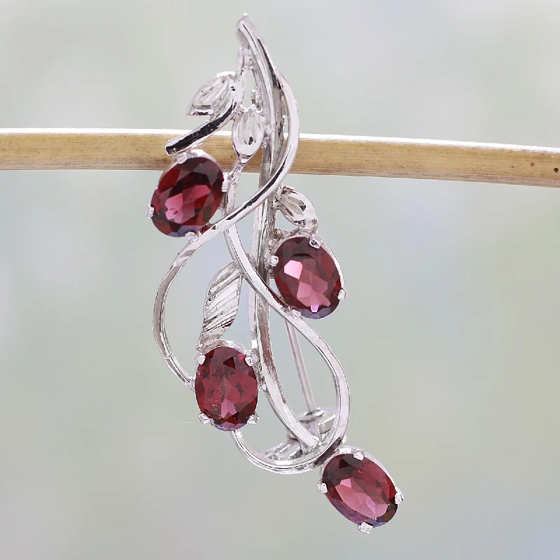 Huge Savings On Premium Jewelry Styles Taste of Autumn Garnet and Sterling Silver Leafy Brooch from India